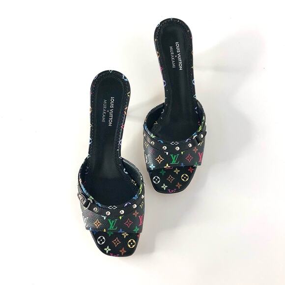 Louis Vuitton x Murakami Logo Multicolored Slip On Kitten Heel Mules Sandals 37 - Picture 2 of 8